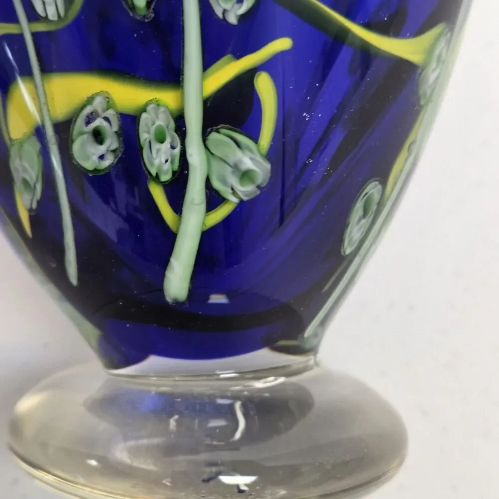 VTG Kusak Art Glass Paperweight Pedestal Vase Cobalt Blue with Cased Flowers 6” - Picture 6 of 11